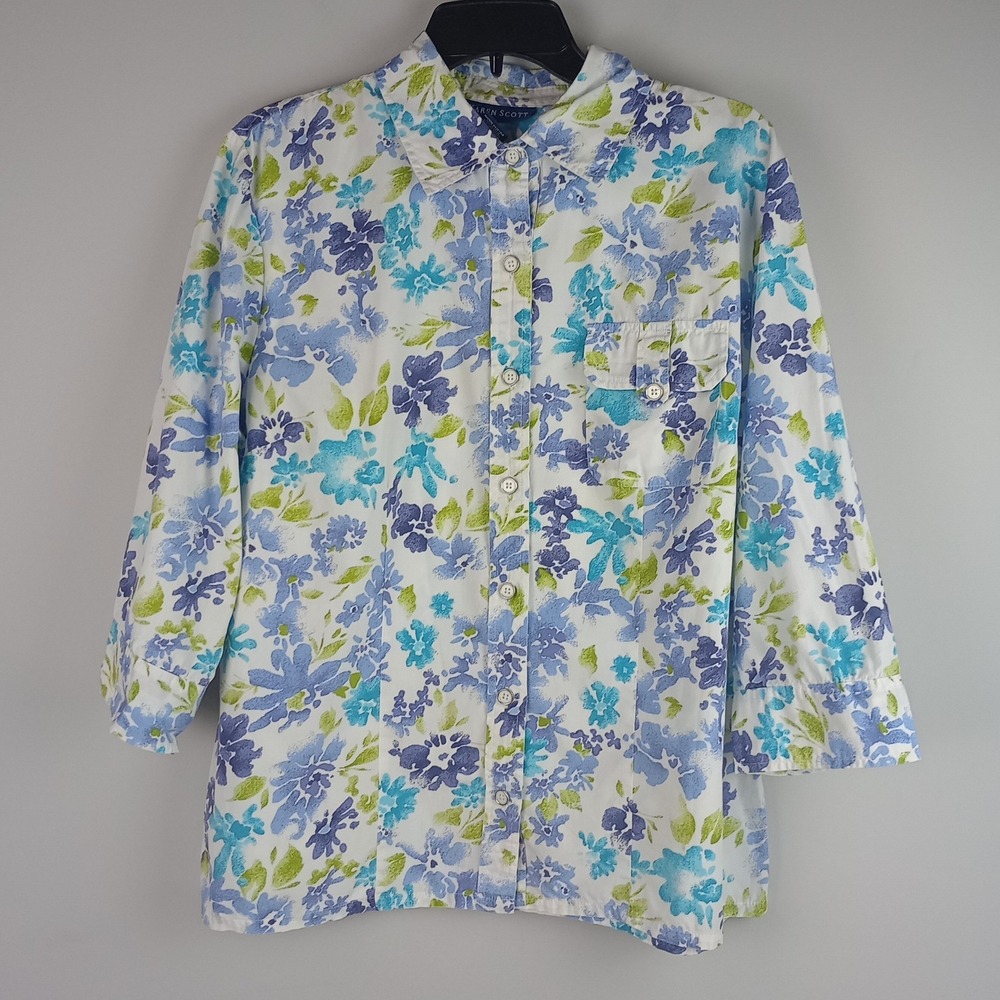 Karen Scott Womens L Blue Green Floral Cotton 3/4 Sleeve Casual Button Up Blouse